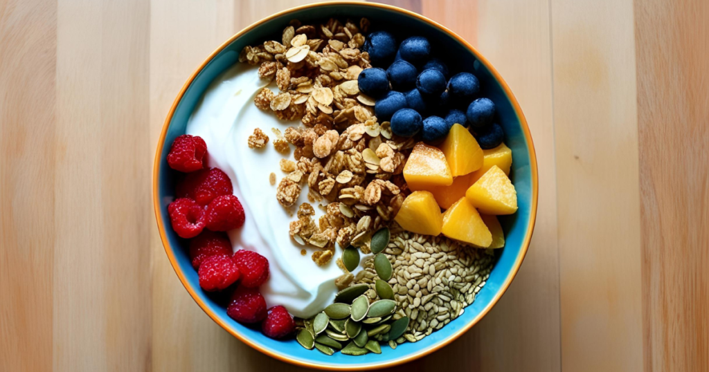 Fotografia de um bowl colorido com iogurte, granola, frutas e sementes, evidenciando a diversidade de texturas e cores.