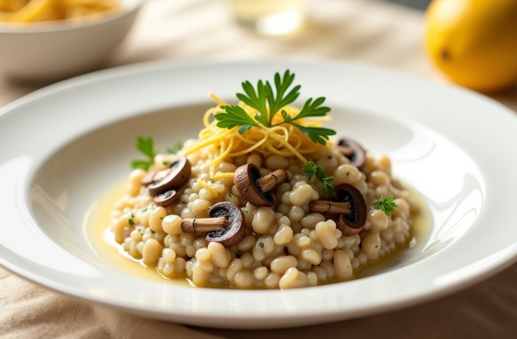 Fotografia de um risoto de cogumelos trufado servido em um prato elegante, com decoração de ervas frescas e raspas de limão siciliano.