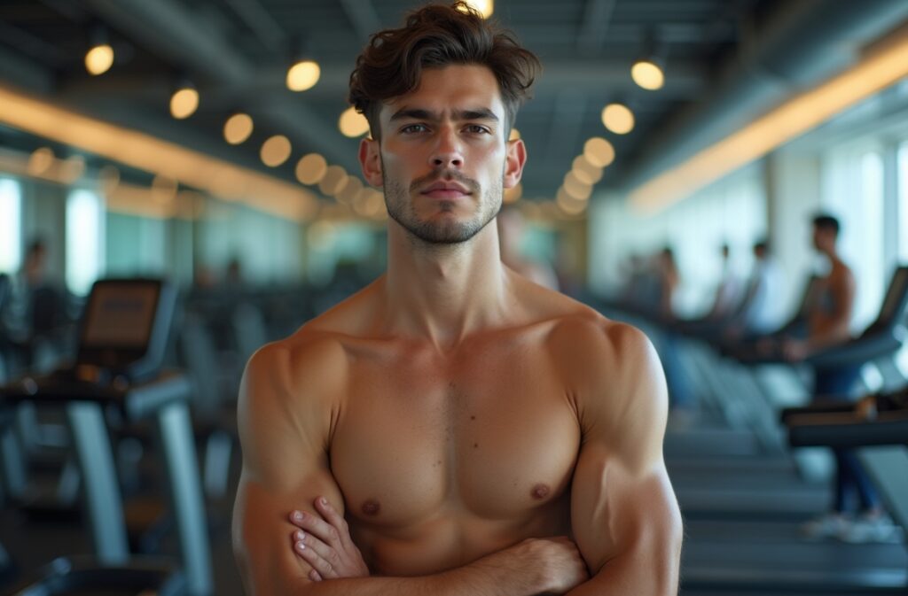 Fotografia de uma pessoa realizando exercícios em academia com foco em uma rotina bem estruturada, mostrando equipamentos variados.