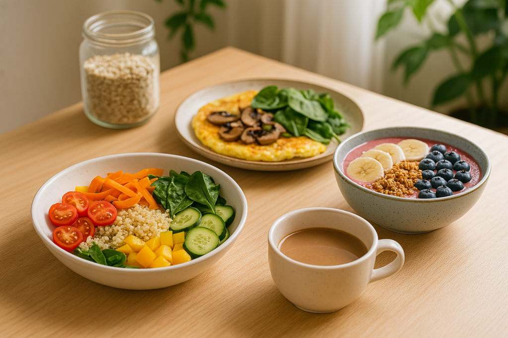 Mesa com três refeições saudáveis montadas, como um bowl colorido, omelete e smoothie bowl, com luz natural e ambiente leve.