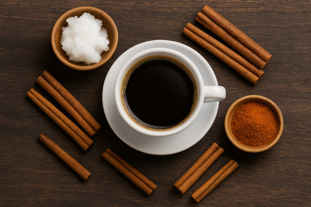Foto em estilo flat lay de uma xícara de café preto ao centro, rodeada por ingredientes naturais como óleo de coco, canela em pau e pimenta caiena em pó, sobre uma superfície rústica de madeira escura.