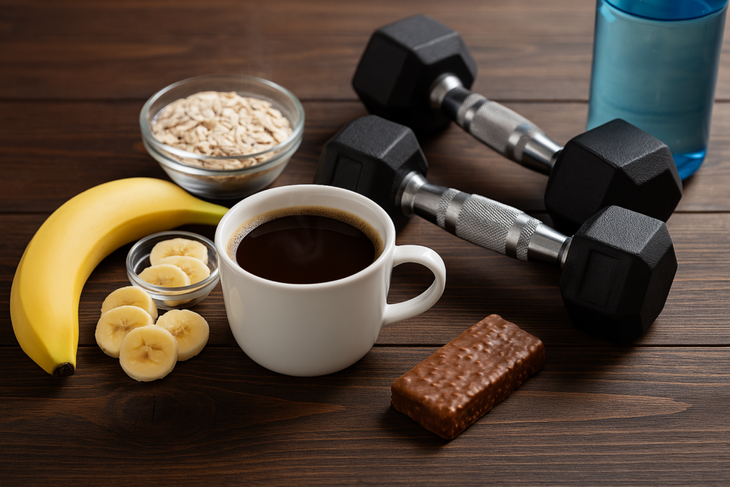 Cena de um café pré-treino ao lado de halteres e garrafa de água sobre uma mesa de madeira. A xícara fumegante está ao lado de banana fatiada e aveia, com uma barra de proteína ao fundo. Ambiente clean, natural e voltado para bem-estar e performance.