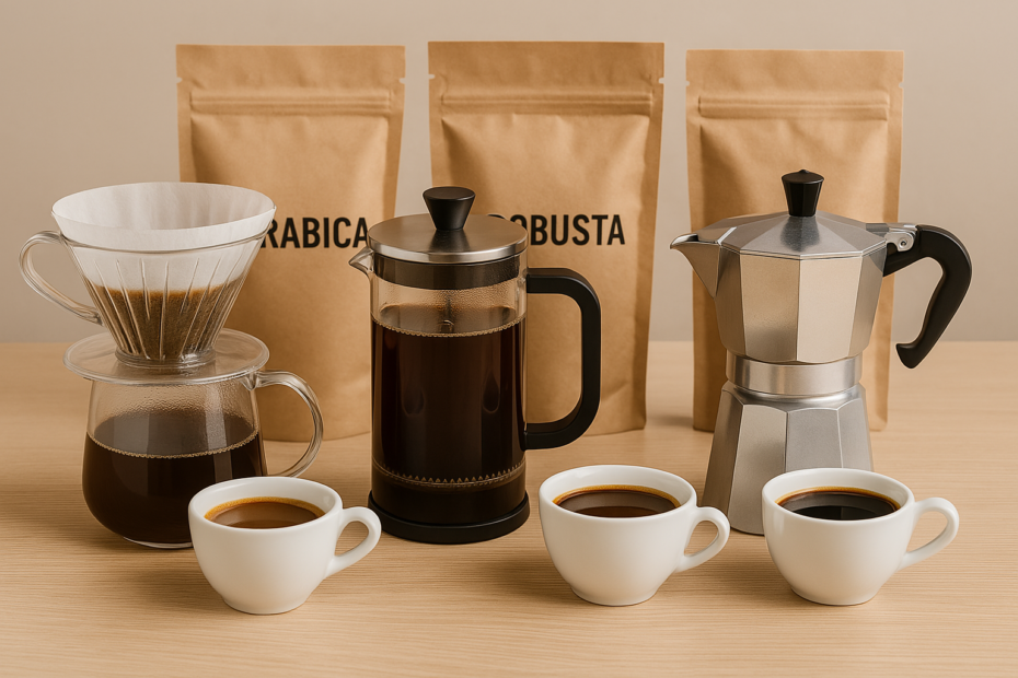 Mesa com três métodos de preparo lado a lado: coador tradicional, prensa francesa e moka italiana. Ao lado, três tipos de xícaras com cafés de diferentes intensidades. Ao fundo, pacotes com grãos do tipo arábica e robusta. A imagem deve transmitir sofisticação, variedade e prazer em escolher o café certo.