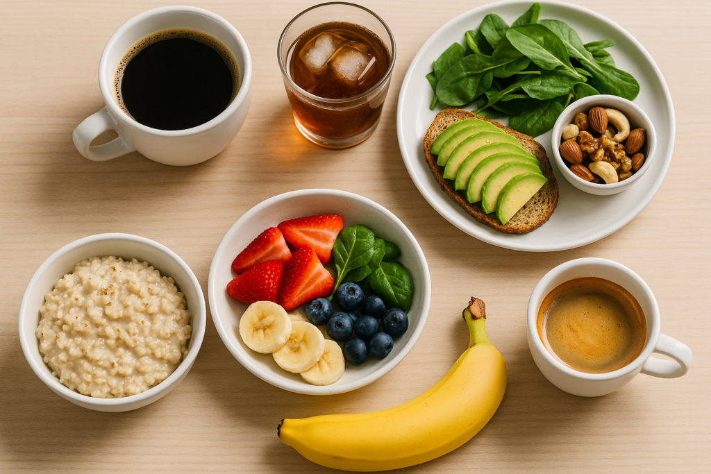 Uma mesa bem organizada com diferentes refeições leves (café da manhã, lanche da tarde, pré-treino) harmonizadas com xícaras variadas de café (coado, espresso, cold brew). A imagem deve transmitir bem-estar, nutrição e rotina equilibrada, com luz natural suave e um ambiente acolhedor.