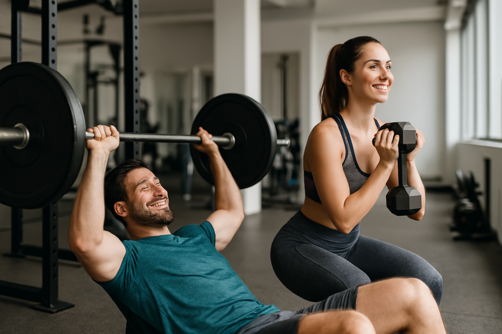Homem e mulher treinando juntos em uma academia clara e moderna, ambos sorrindo e concentrados. Ele realiza supino com barra, e ela faz agachamento com halteres. Ambiente limpo, bem iluminado e inspirador, com fundo desfocado e equipamentos de treino visíveis.
