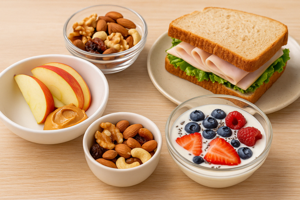 Uma mesa iluminada com quatro lanches saudáveis dispostos em potes e pratos: maçã com pasta de amendoim, mix de castanhas, sanduíche natural e iogurte com frutas. A composição deve transmitir praticidade, saúde e equilíbrio.