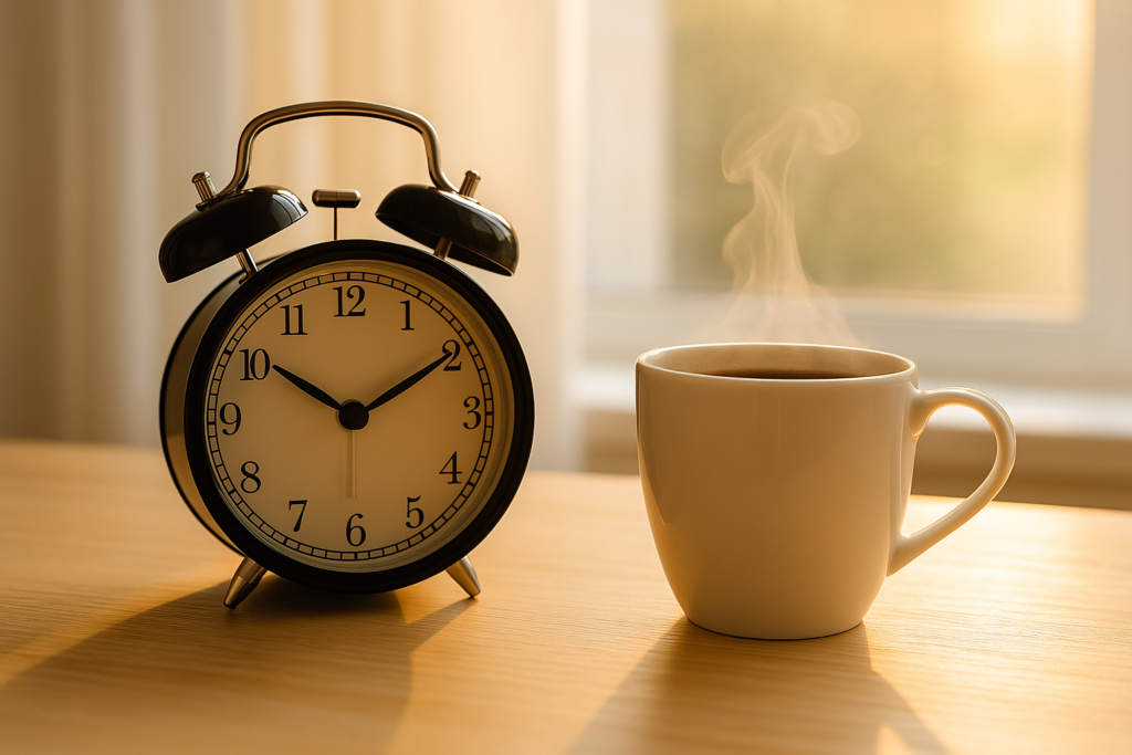Relógio despertador ao lado de uma xícara de café fumegante sobre uma mesa de madeira clara. Ao fundo, luz natural da manhã entra pela janela. A cena transmite equilíbrio, energia e um início de dia leve, alinhado ao ritmo do corpo.