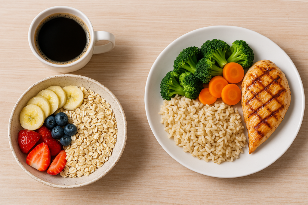 Uma mesa com dois pratos lado a lado: de um lado, uma refeição pré-treino leve com frutas, aveia e café; do outro, um prato pós-treino com proteínas, arroz integral e legumes coloridos. A imagem deve transmitir equilíbrio, nutrição funcional e foco em performance física.