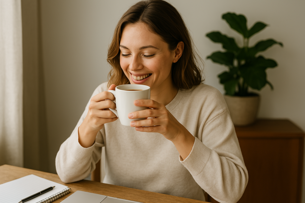 Cena acolhedora de uma pessoa sorrindo, tomando café em um ambiente tranquilo e iluminado. Ao fundo, elementos que remetem a foco e bem-estar, como um caderno, um notebook ou um livro, e uma planta. O clima deve transmitir leveza, produtividade e equilíbrio emocional.