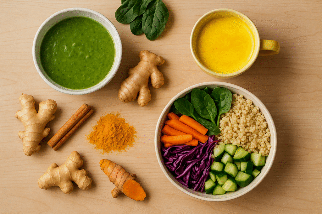 Flat lay de uma mesa de madeira clara com três pratos: uma tigela de sopa verde, uma xícara de golden milk e um bowl colorido com quinoa, folhas verdes e legumes.