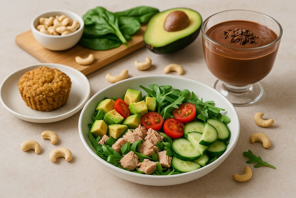 Uma bancada de cozinha com três pratos funcionais: um bolinho sem glúten, uma salada low carb com abacate e uma taça de mousse de cacau sem lactose. Ao fundo, ingredientes naturais como castanhas, folhas verdes e frutas. A cena deve transmitir saúde, praticidade e inclusão alimentar.