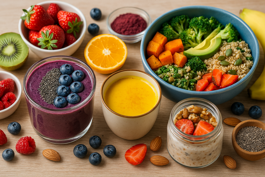 Mesa de café da manhã colorida com receitas usando superalimentos: smoothie roxo com açaí e chia, bowl de quinoa com vegetais, copo de golden milk e pote com overnight oats. Tudo apresentado com frutas frescas e ingredientes naturais ao redor, transmitindo saúde, equilíbrio e energia.