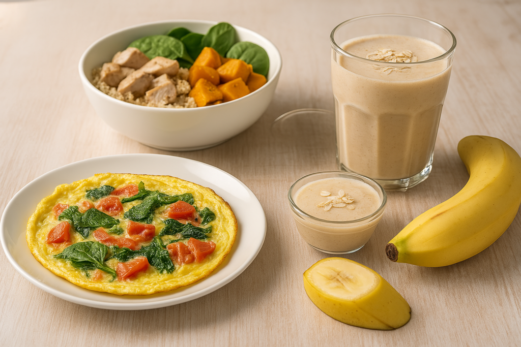 Uma mesa com três pratos pós-treino organizados: omelete com vegetais, shake proteico com banana e aveia, e bowl de quinoa com frango e abóbora. A imagem deve transmitir nutrição, recuperação e equilíbrio.
