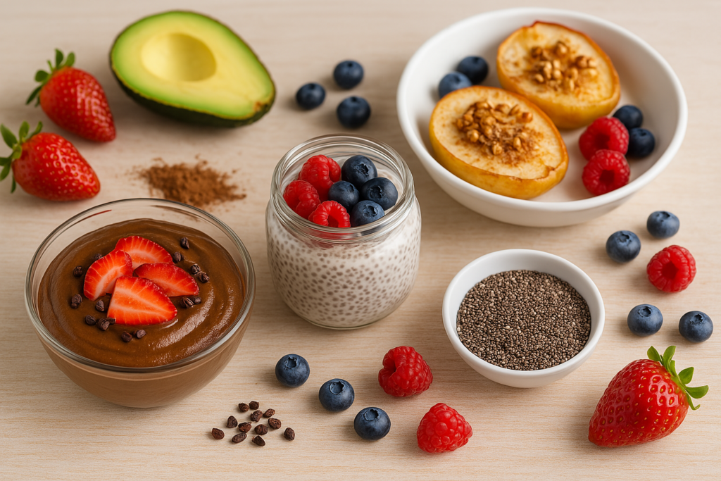 Uma mesa bem iluminada com três sobremesas saudáveis apresentadas de forma elegante: mousse de abacate com cacau, pudim de chia com frutas e maçãs assadas com canela. O ambiente deve transmitir frescor, equilíbrio e apetite visual com ingredientes naturais ao redor.