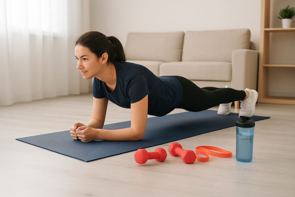 Pessoa em casa, com colchonete estendido no chão, fazendo exercício de prancha ou agachamento. Ao lado, pequenos equipamentos como elásticos, halteres e uma garrafa de água. O ambiente deve ser iluminado, organizado e aconchegante, transmitindo motivação e praticidade.
