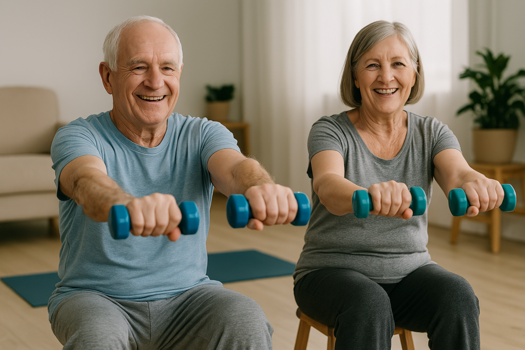 Imagem mostrando um idoso e uma idosa sorrindo enquanto praticam exercícios leves com halteres coloridos em um ambiente claro e arejado. Ao fundo, uma cadeira e tapete de yoga. A atmosfera deve transmitir bem-estar, segurança e vitalidade.