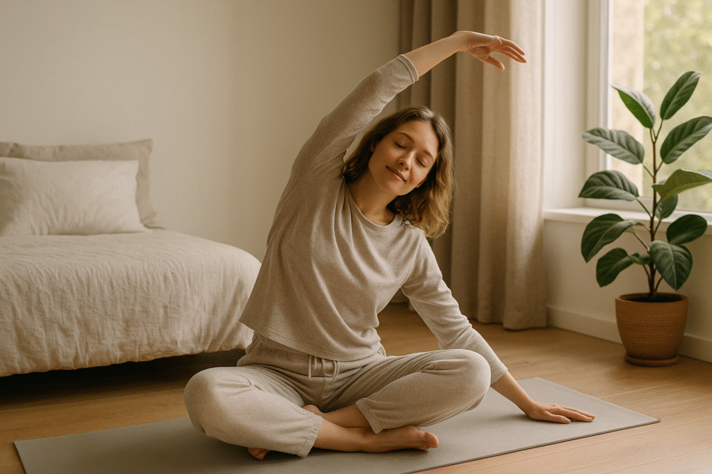 Pessoa em casa, de roupas confortáveis, fazendo alongamento leve ao lado da cama ou tapete de yoga, com luz natural suave entrando pela janela.
