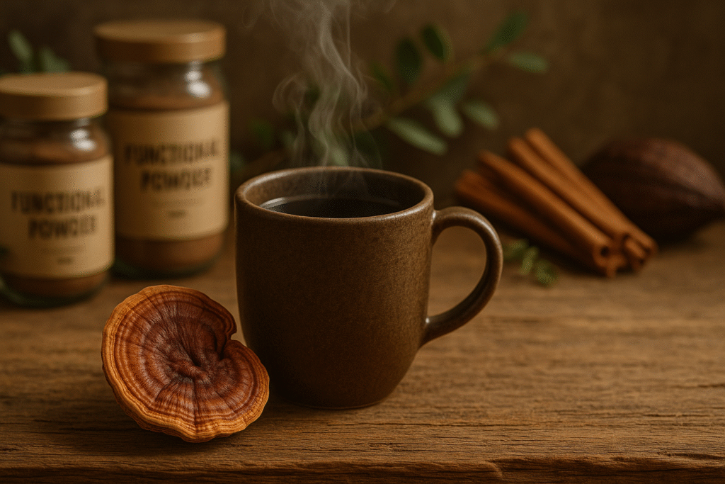 Caneca de café fumegante com cogumelo seco (Reishi ou Lion’s Mane) ao lado, sobre bancada de madeira rústica. Ao fundo, potes de pó funcional e elementos naturais como canela ou cacau.