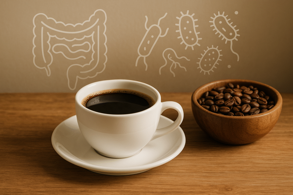 Copo de café preto sobre uma mesa de madeira, ao lado de uma tigela com grãos e ilustrações simbólicas de bactérias ou intestino desenhadas em estilo minimalista no fundo. A luz é suave e a cena transmite ciência, saúde e aconchego.