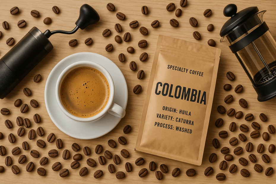 Flat lay de uma xícara de café especial ao lado de um pacote artesanal com detalhes da origem impressos. Ao fundo, grãos inteiros espalhados sobre uma superfície de madeira clara, com um moedor manual e uma prensa francesa próximos.