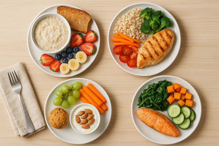 Flat lay de uma mesa de madeira clara com quatro refeições organizadas (café da manhã, almoço, lanche e jantar). Os pratos devem incluir alimentos naturais como frutas, legumes coloridos, grãos integrais e proteínas leves, compondo uma estética funcional, saudável e prática.