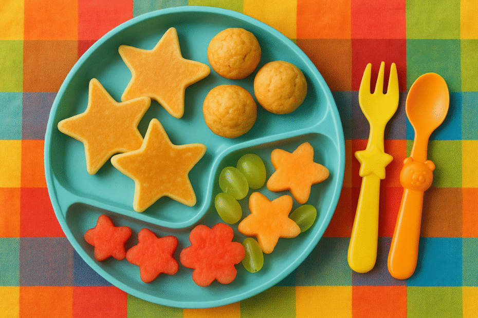 Prato infantil colorido com panquequinhas em formato de estrelas, bolinhos assados e frutas cortadas em formatos divertidos. Talheres lúdicos ao lado e fundo com toalha colorida.