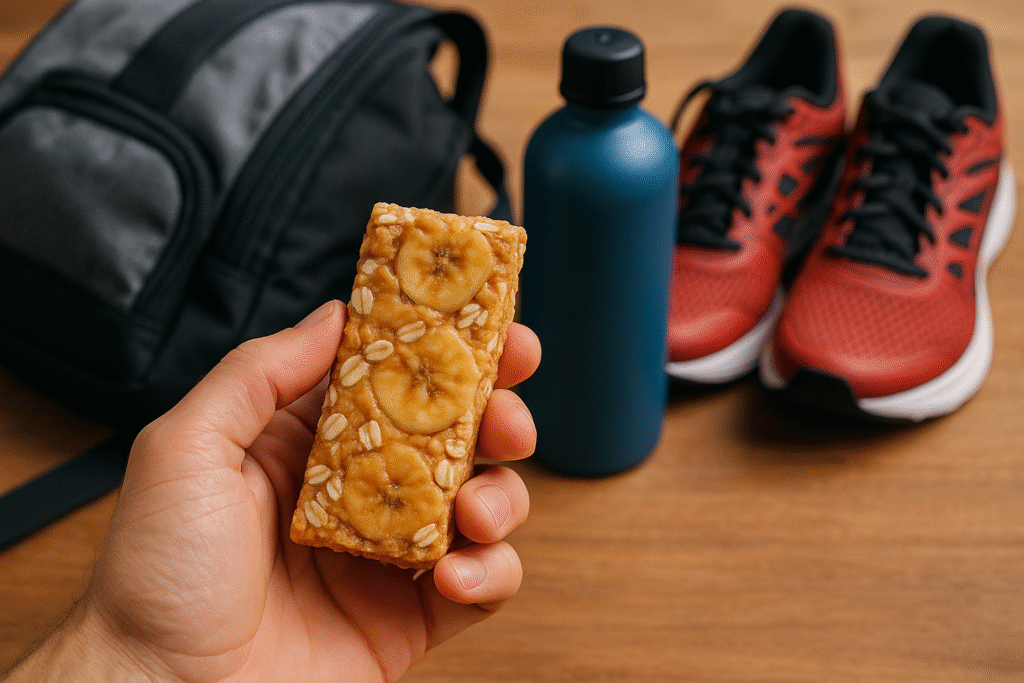 Mão segurando uma barrinha funcional caseira com ingredientes visíveis (aveia, banana, pasta de amendoim), ao fundo uma mochila esportiva, garrafinha e tênis de corrida.