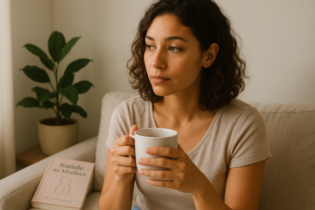 Mulher segurando uma caneca de café com expressão reflexiva, sentada em um ambiente tranquilo, com luz suave pela manhã. Ao fundo, detalhes femininos como uma planta ou livro sobre saúde.
