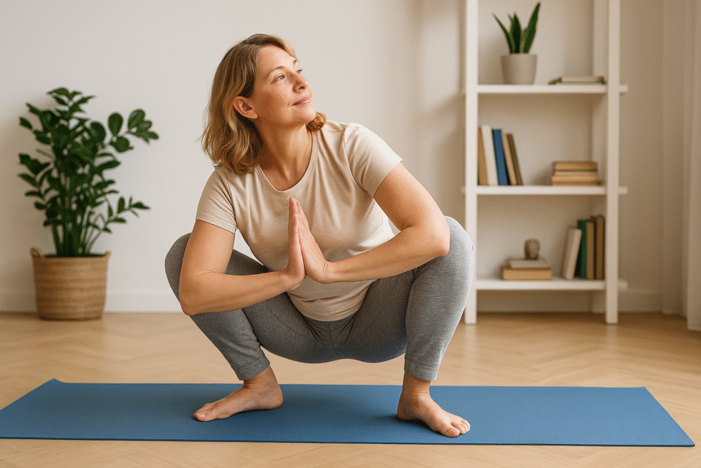 Pessoa em casa, de roupa confortável, fazendo um alongamento leve (como agachamento profundo ou rotação torácica) em um ambiente iluminado, com tapete de yoga, livros e plantas ao fundo.