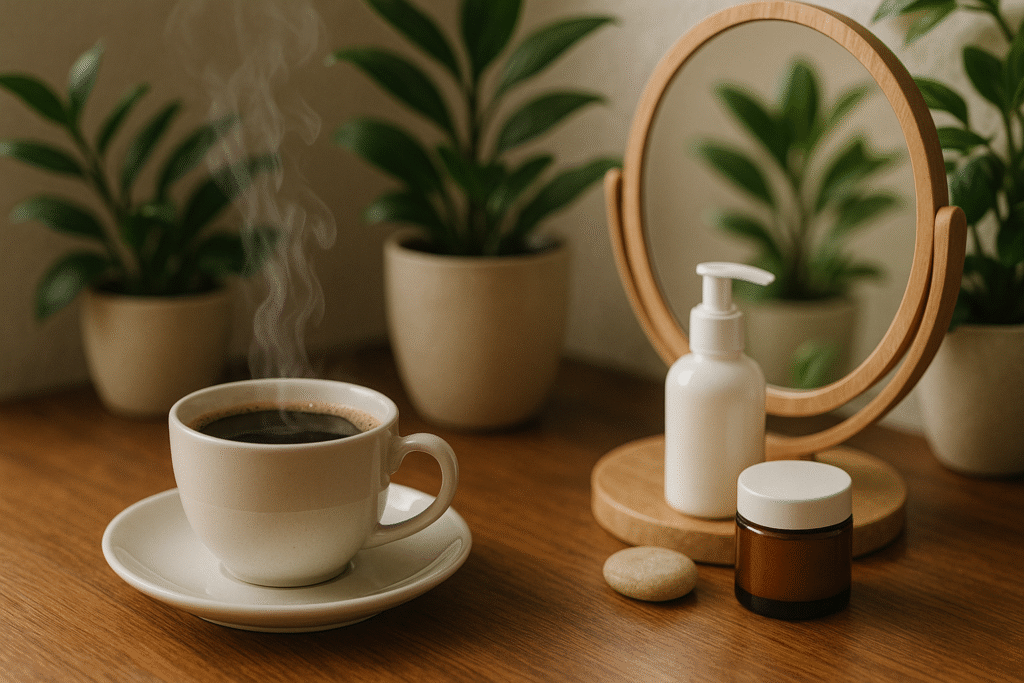 Xícara de café fumegante sobre bancada de madeira ao lado de um espelho com cremes naturais e plantas ao fundo, sugerindo autocuidado e pele saudável.