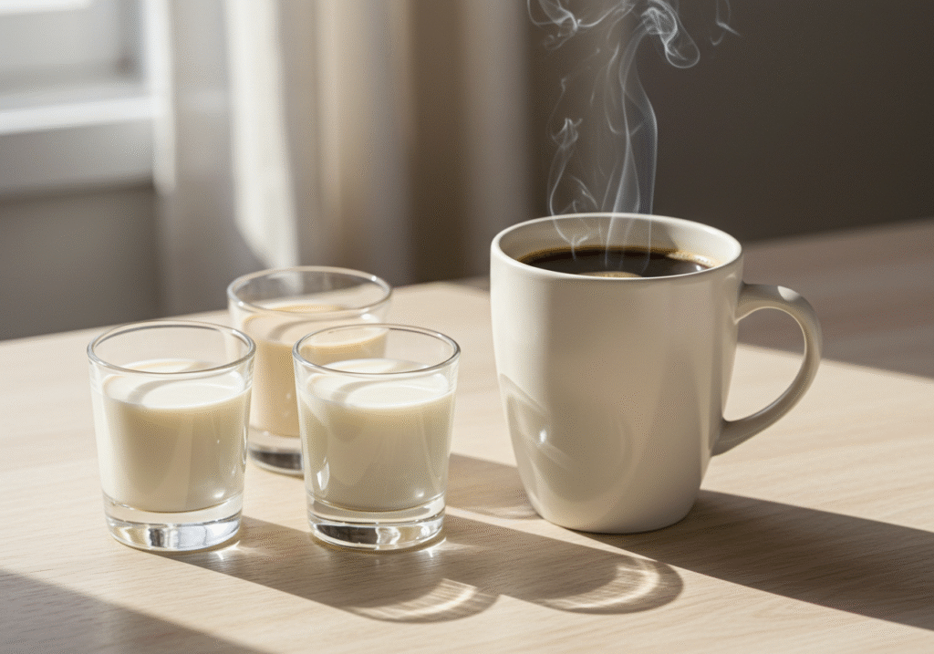 Uma xícara de café fumegante sobre uma mesa de madeira clara, ao lado de 3 pequenos copos contendo diferentes leites vegetais (aveia, amêndoas e coco). Ambiente natural, com luz suave da manhã. Estilo clean e moderno, com foco na combinação saudável.