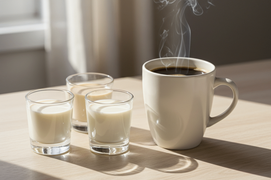 Uma xícara de café fumegante sobre uma mesa de madeira clara, ao lado de 3 pequenos copos contendo diferentes leites vegetais (aveia, amêndoas e coco). Ambiente natural, com luz suave da manhã. Estilo clean e moderno, com foco na combinação saudável.