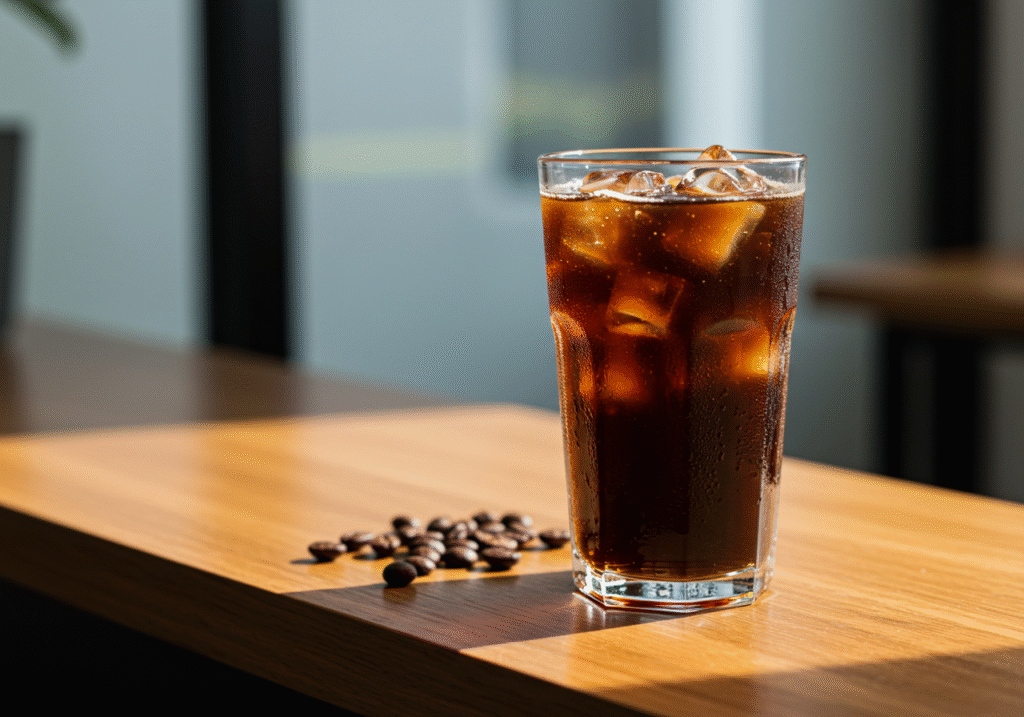Copo de vidro alto com cold brew servido sobre gelo, em uma bancada de madeira, com grãos de café ao lado e luz natural suave vindo de uma janela.