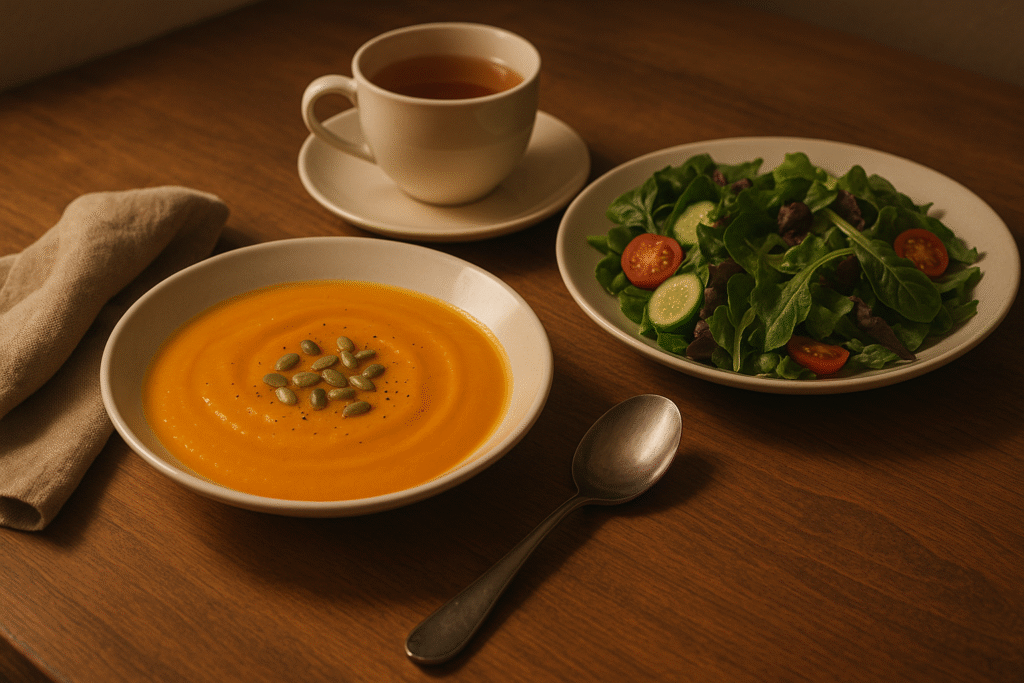 Mesa posta com pratos leves de jantar, incluindo uma sopa de abóbora, uma salada verde e uma xícara de chá. Iluminação suave de fim de tarde, com ambiente calmo e acolhedor, remetendo à ideia de uma noite tranquila e saudável.