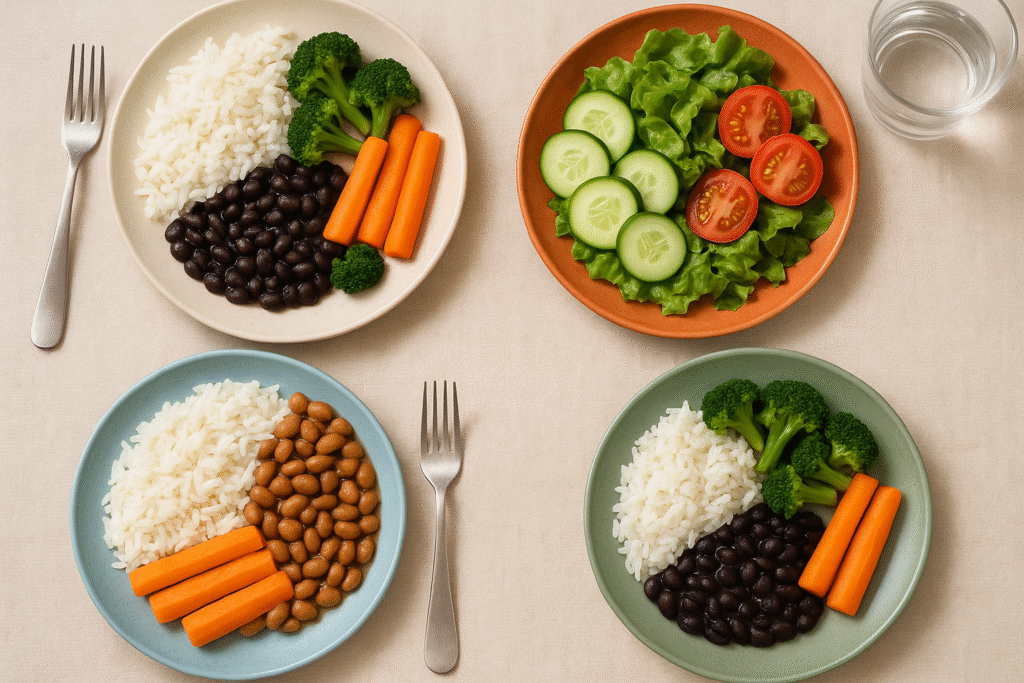 Mesa simples com pratos coloridos de comida caseira saudável (arroz, feijão, legumes cozidos, salada) servidos com elegância e simplicidade.