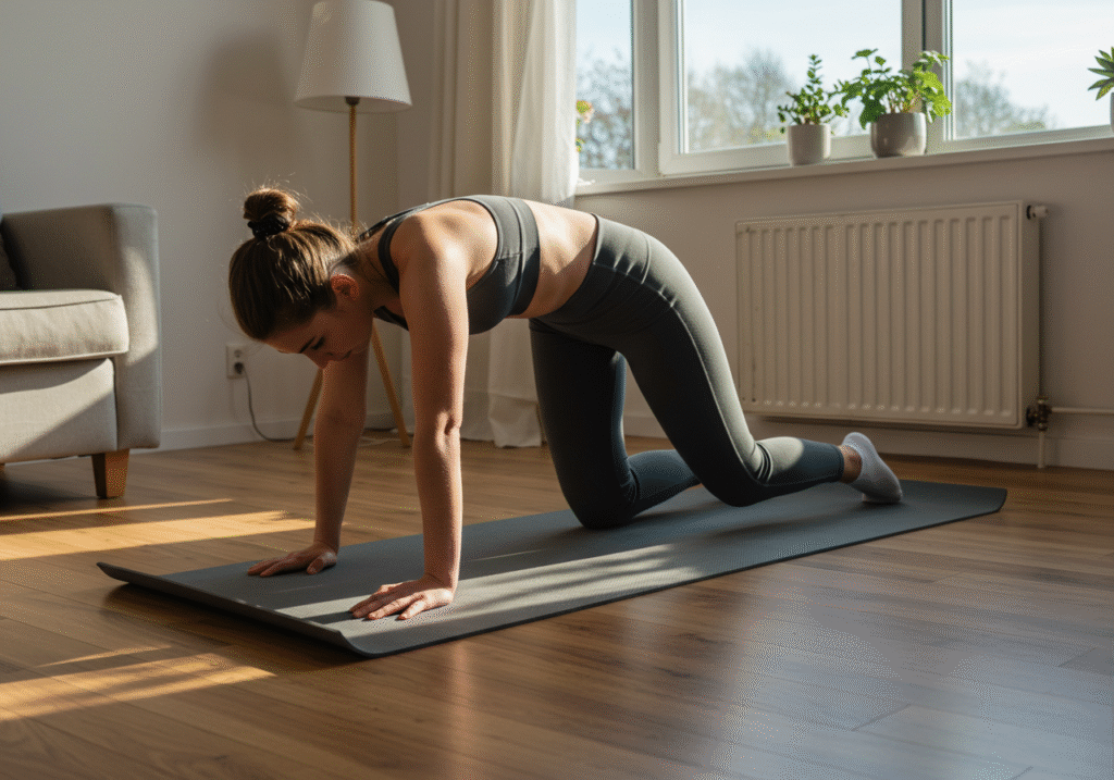 Pessoa iniciando um treino em casa, com roupas esportivas simples, sobre um tapete de yoga. Ambiente claro e arejado, com luz natural entrando pela janela. Tom inspirador, mostrando atitude leve e determinada, sem equipamentos profissionais.