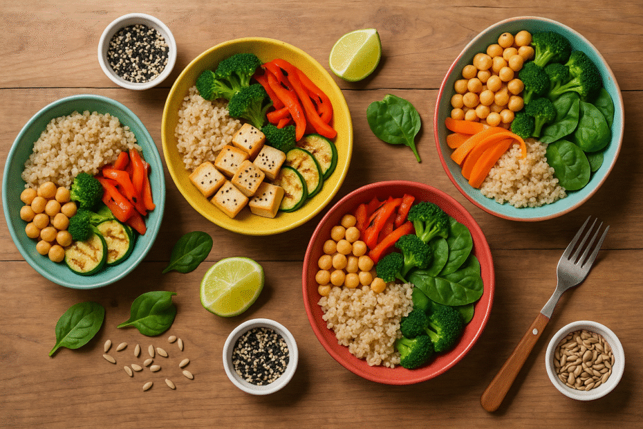 Mesa de madeira com pratos coloridos contendo quinoa, tofu, legumes grelhados, grão-de-bico e sementes. Estética clean, natural e vibrante, transmitindo saúde, frescor e variedade vegetal.