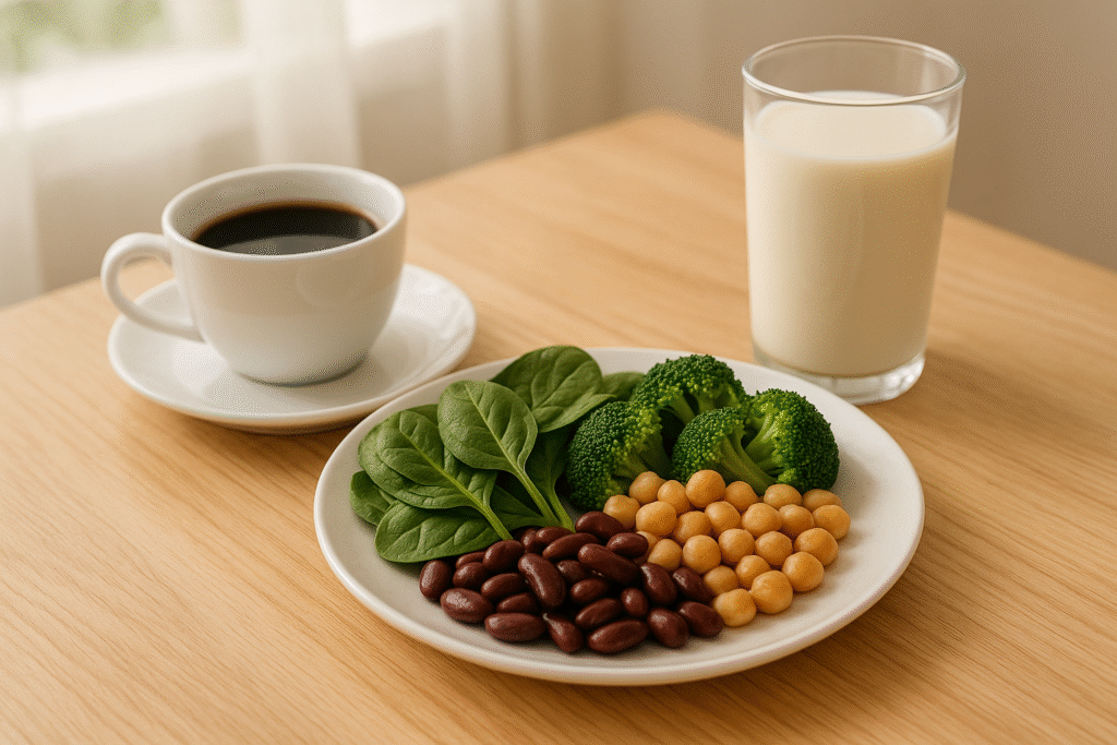 Mesa de café da manhã com uma xícara de café preto, um prato com vegetais ricos em ferro (como espinafre e feijão) e um copo de leite vegetal ao lado. Ambiente claro e natural, com luz suave.
