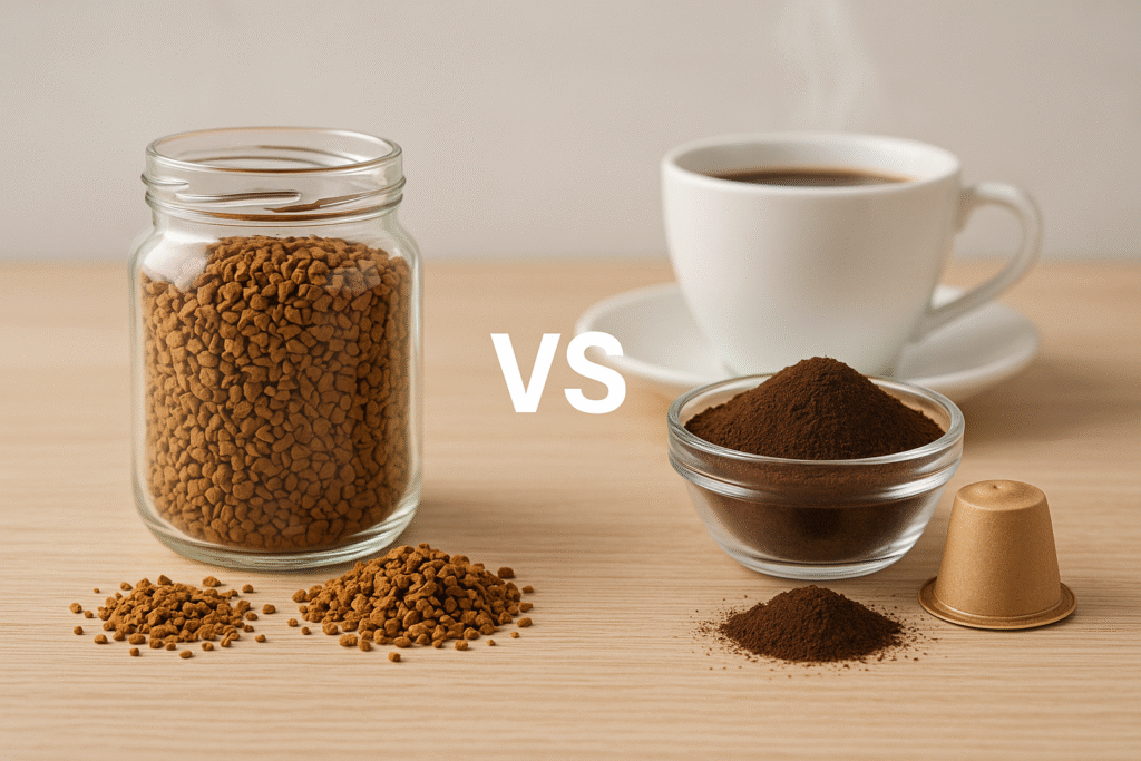 Comparativo visual entre café solúvel (grãos granulados em pote) e café desidratado premium (pó fino ou cápsulas artesanais) sobre uma bancada de madeira clara, com uma xícara fumegante ao fundo. Iluminação suave, estilo clean e moderno.