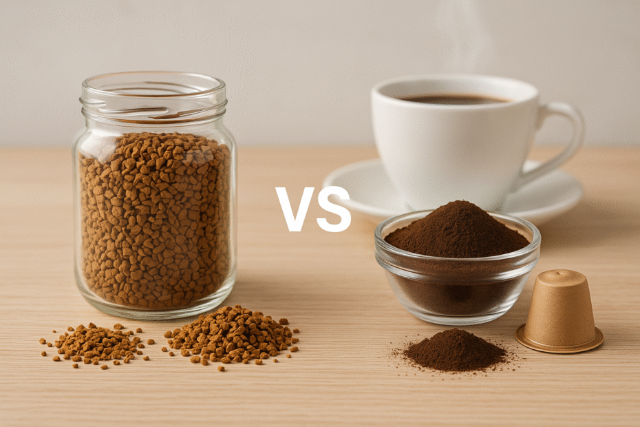 Comparativo visual entre café solúvel (grãos granulados em pote) e café desidratado premium (pó fino ou cápsulas artesanais) sobre uma bancada de madeira clara, com uma xícara fumegante ao fundo. Iluminação suave, estilo clean e moderno.