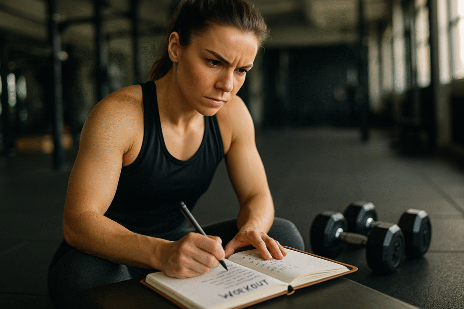 Pessoa ajustando anotações do treino com um caderno aberto na academia. Halteres ao lado, fundo desfocado com equipamentos. A expressão do rosto demonstra foco e determinação. Iluminação natural, clima de superação e progresso.