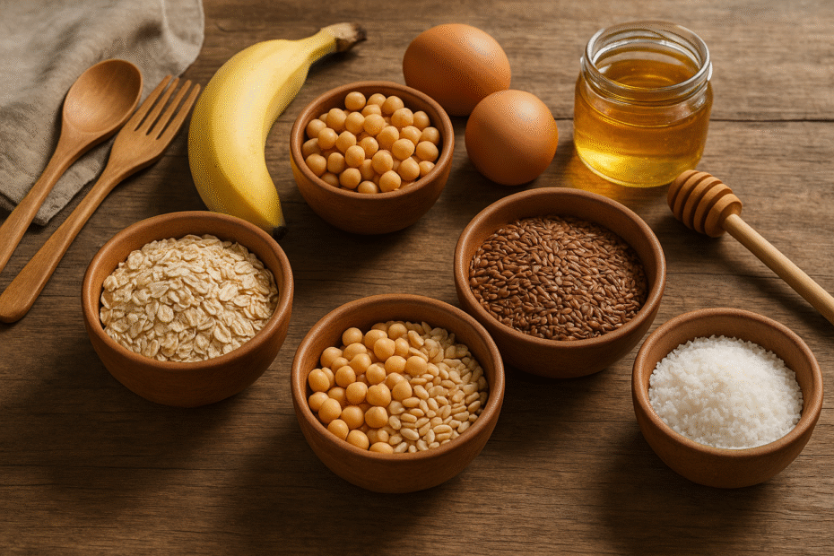 Mesa rústica de madeira com tigelas de farinha de aveia, grão-de-bico, linhaça e coco. Ao lado, utensílios de cozinha e ingredientes como banana, ovos e mel. Iluminação natural e estética caseira, limpa e aconchegante.