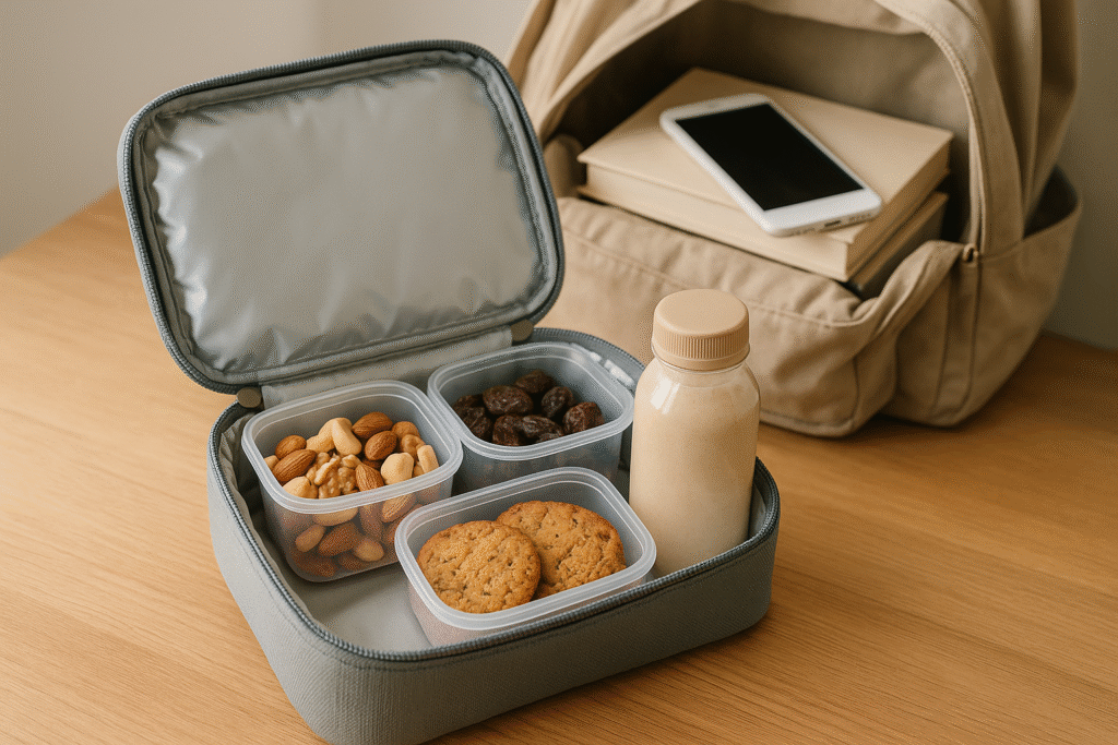 Uma lancheira aberta sobre uma mesa de madeira, contendo potinhos com castanhas, frutas secas, cookies caseiros, e uma garrafa de shake. Ao fundo, uma mochila aberta com livros e celular visíveis. Iluminação natural e estilo clean, representando praticidade e alimentação saudável.