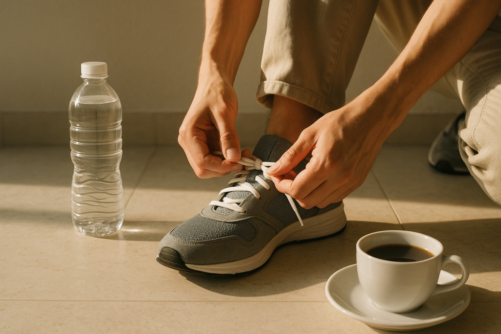 Pessoa amarrando o tênis ao lado de uma garrafinha de água e uma xícara de café preto, em um ambiente iluminado pela luz da manhã, com aspecto natural e minimalista.