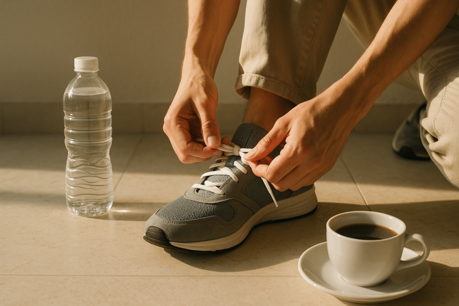 Pessoa amarrando o tênis ao lado de uma garrafinha de água e uma xícara de café preto, em um ambiente iluminado pela luz da manhã, com aspecto natural e minimalista.