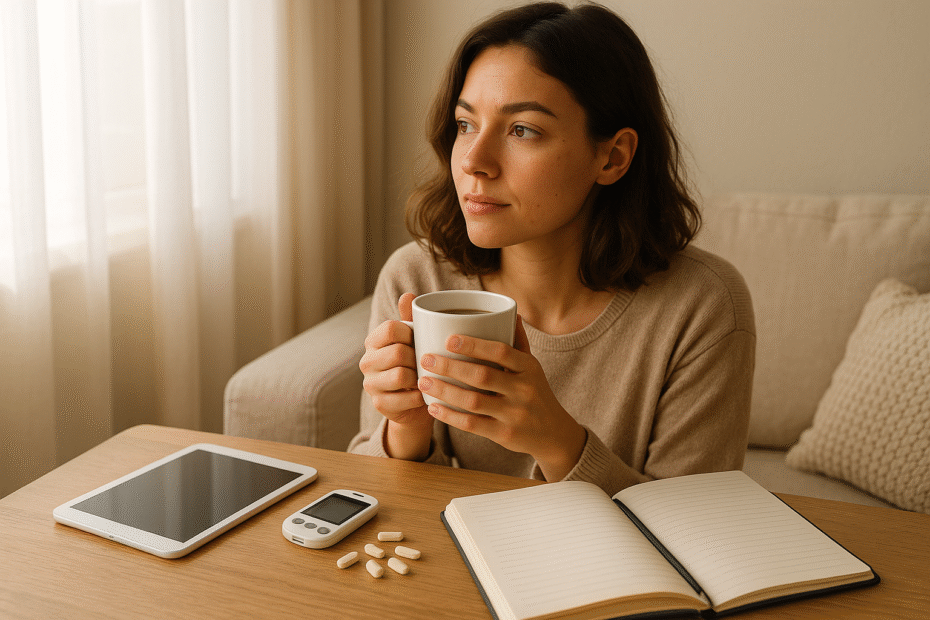 Uma mulher jovem segurando uma xícara de café com expressão reflexiva, sentada à luz da manhã, com tablets e um diário ao lado, sugerindo que monitora sua saúde. Ambiente aconchegante e leve, reforçando o tema de equilíbrio e autocuidado.