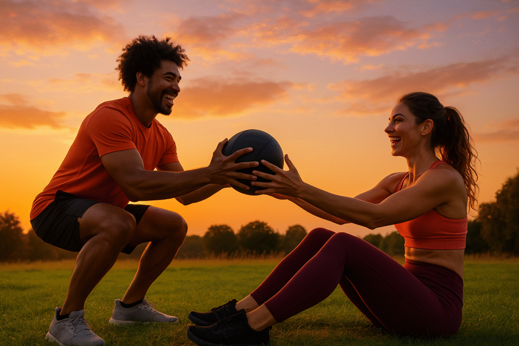 Dupla treinando ao ar livre ao pôr do sol, dois amigos ou um casal, fazendo exercício funcional como agachamento com bola ou abdominal com troca. Expressão de alegria, superação e conexão.