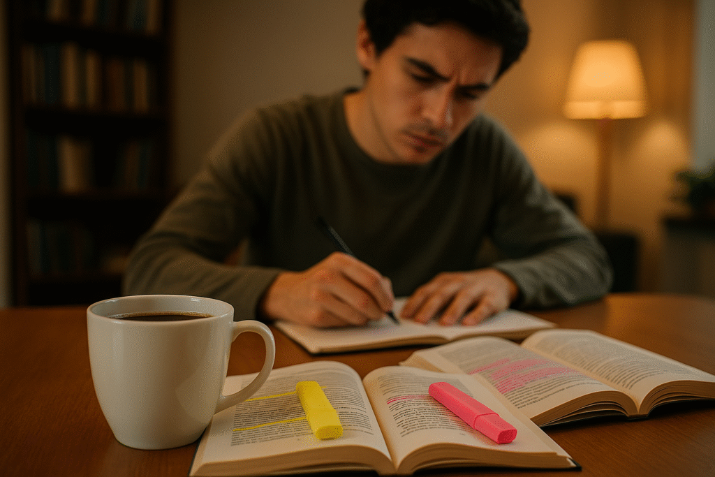 Copo de café recém-passado sobre uma mesa com livros abertos e marca-textos. Ao fundo, ambiente de estudos com luz suave e expressão concentrada de um estudante. Cena transmite foco e preparação.