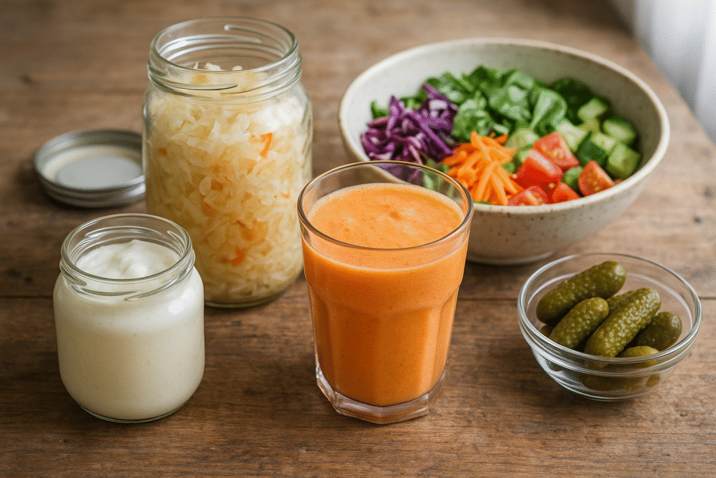 Mesa de madeira rústica com vários alimentos fermentados e frescos: potes de kefir, chucrute em pote de vidro, salada colorida e smoothie de mamão em destaque, com luz natural suave.