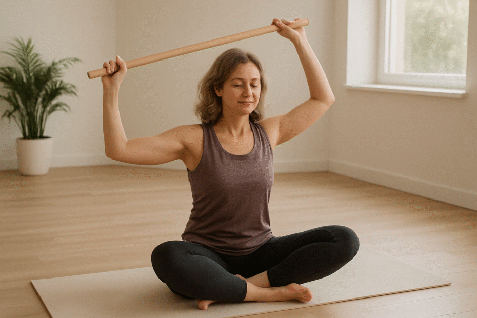 Pessoa sentada em um colchonete claro, com roupa de treino, fazendo movimento suave de elevação do braço com ajuda de um bastão. Ambiente iluminado naturalmente, com clima tranquilo e educativo.